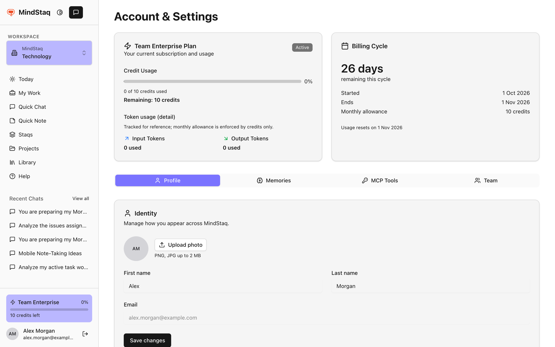 Account and Settings showing the plan card with credit usage and remaining credits