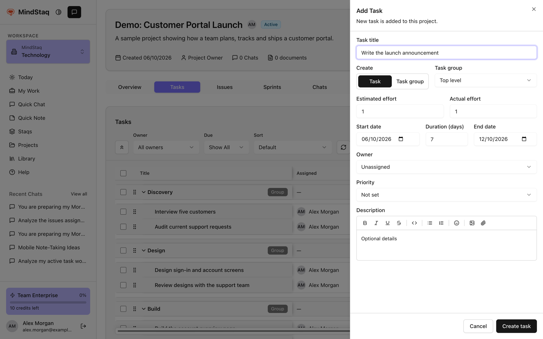 The Add Task panel with the Task and Task group switch, task group, dates, owner, priority, and description fields