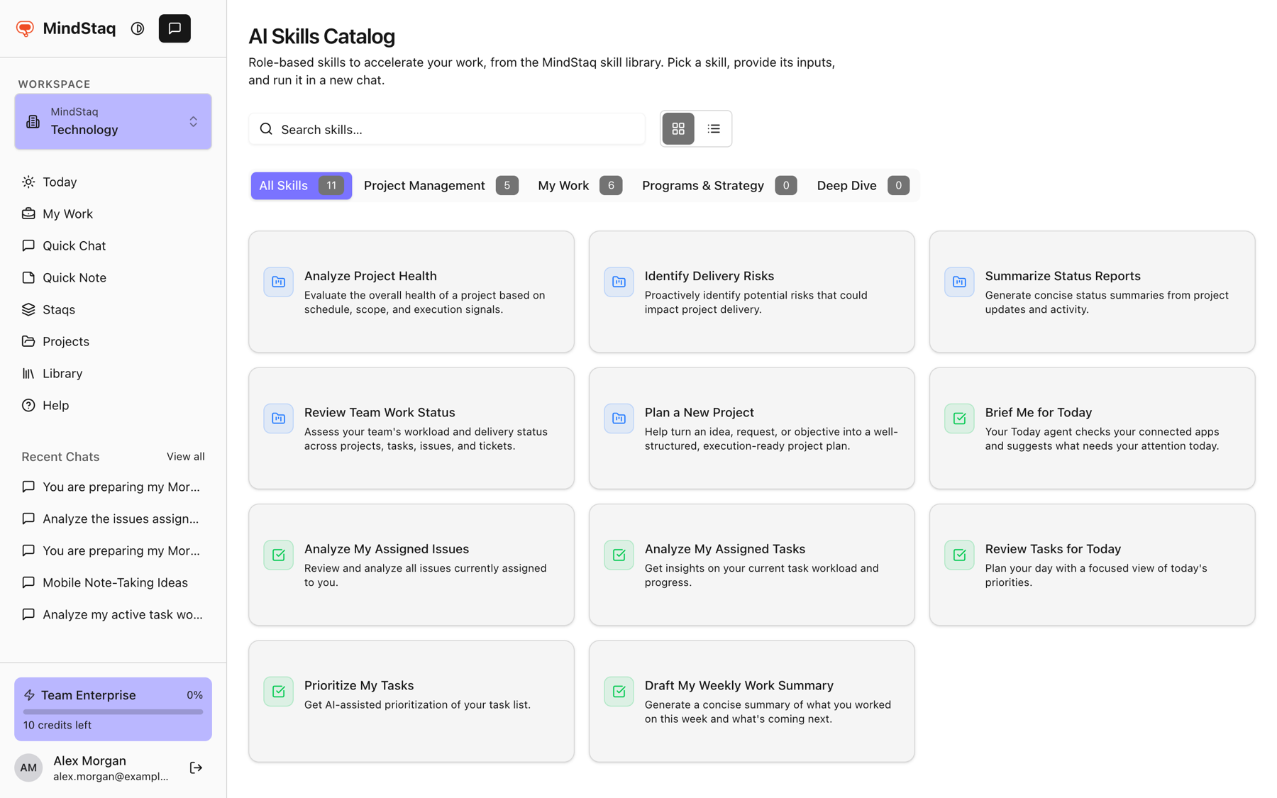 The AI Skills Catalog showing skill cards with a search box and category tabs
