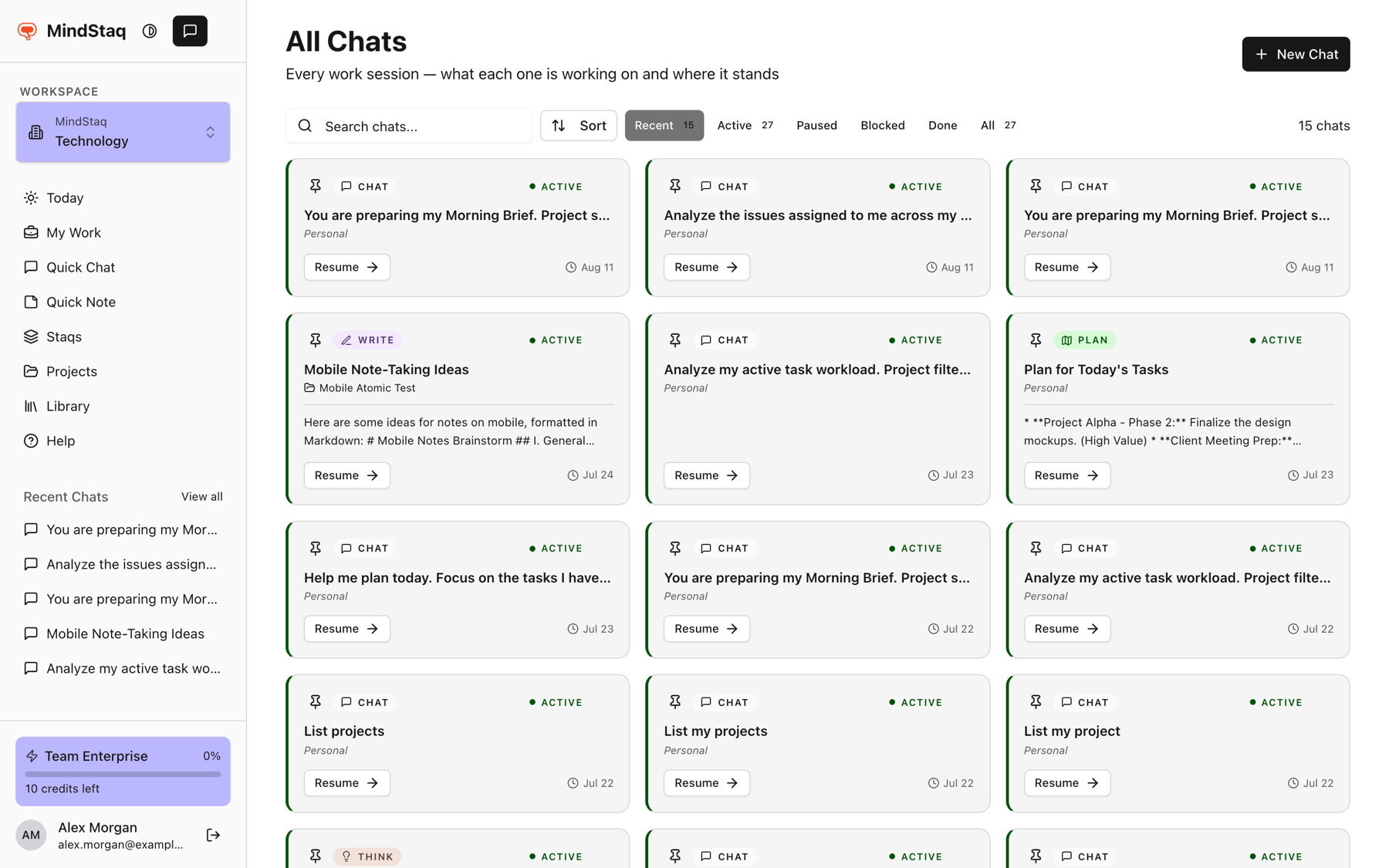 The All Chats page with a search box, Sort and status filters, and chat cards each with a Resume button