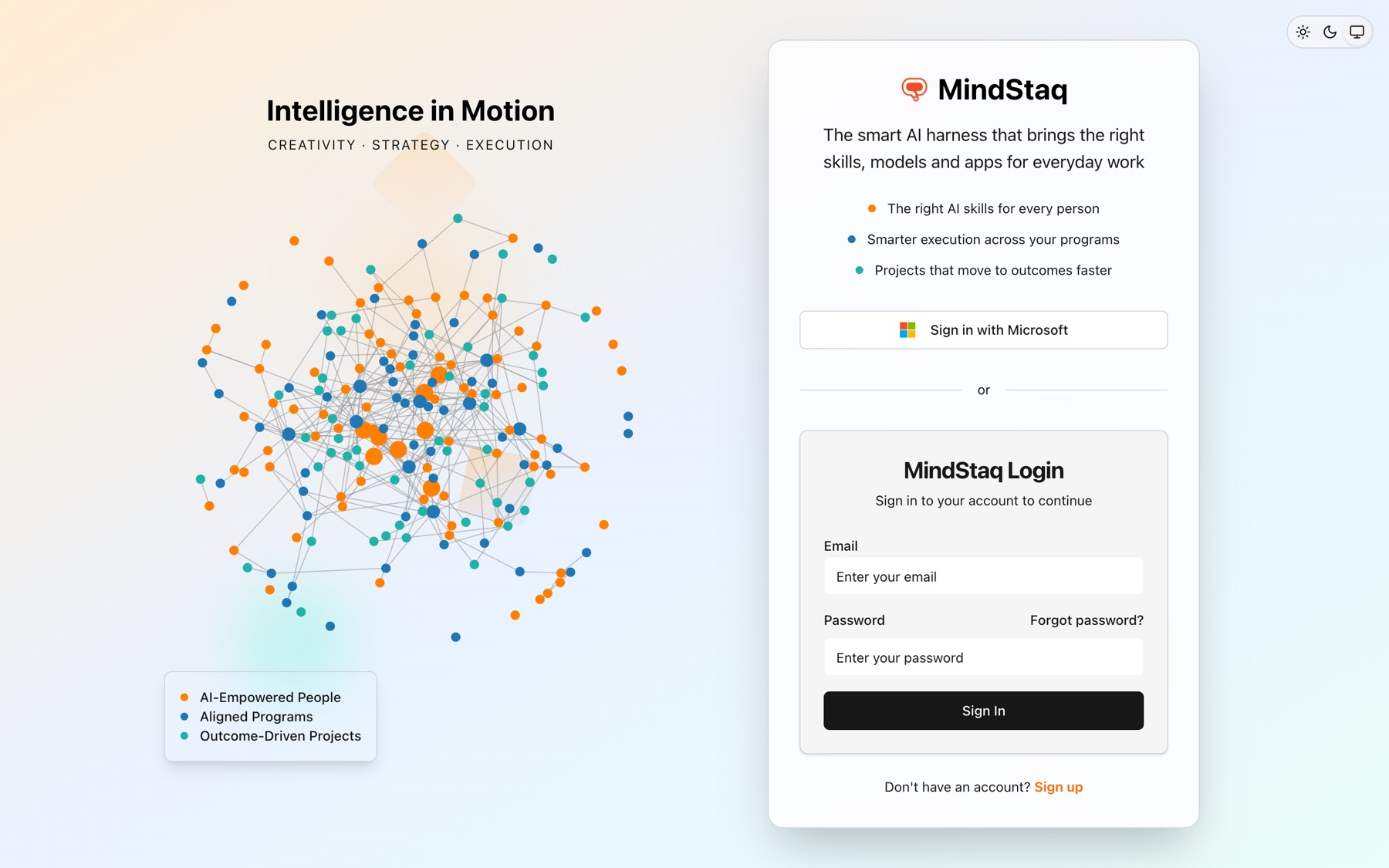 The MindStaq sign-in page with a Sign in with Microsoft button and email and password fields