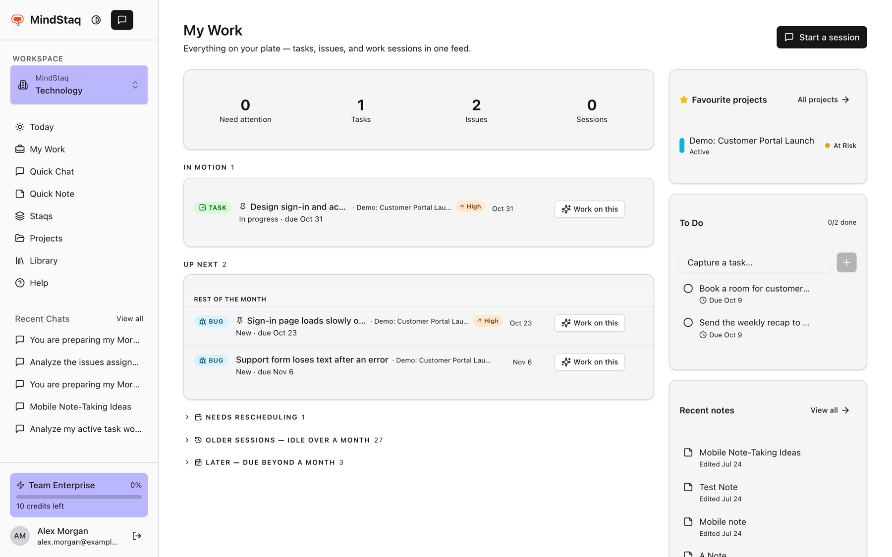 The My Work page with the summary counts for Need attention, Tasks, Issues and Sessions, the work feed, and the To Do card