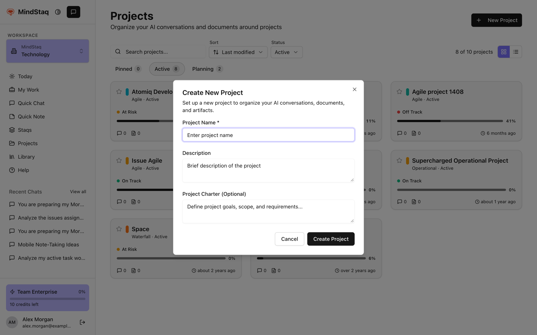The Create New Project dialog with Project Name, Description and Project Charter fields