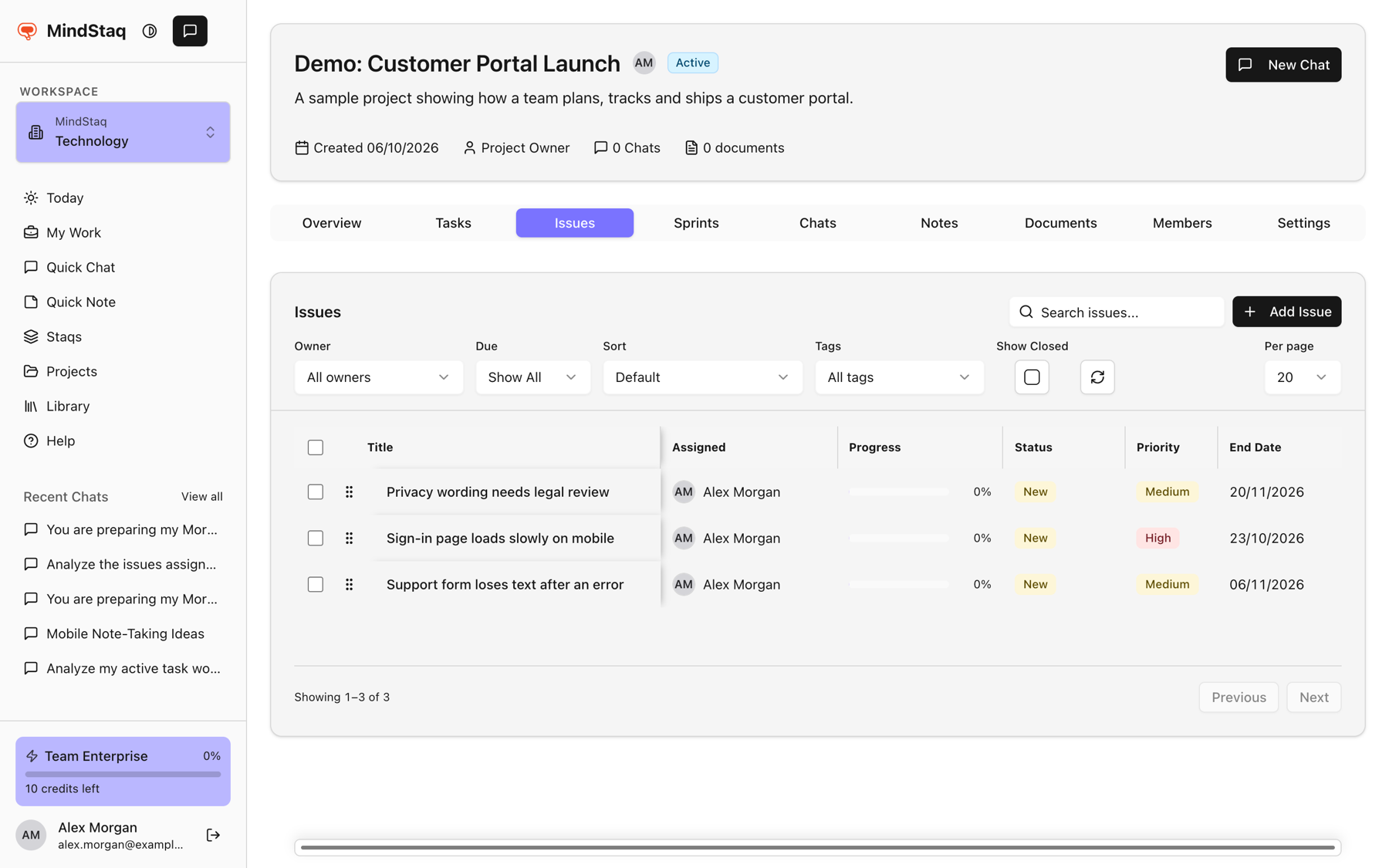 A project's Issues tab with the Add Issue button, filters, and a table of issues with owner, status, and priority