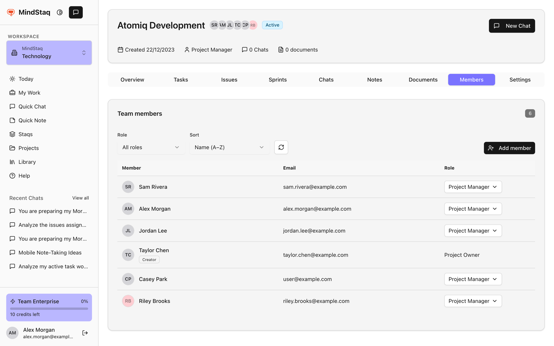 A project's Members tab listing team members with their email and role, and an Add member button