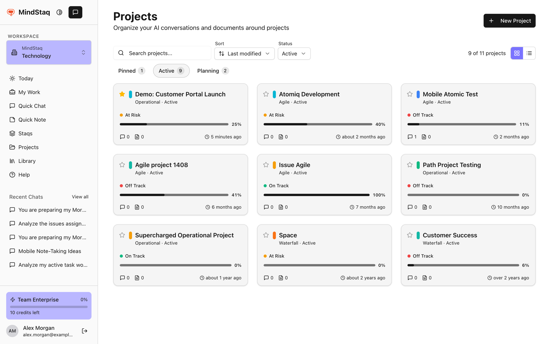 The Projects page with a New Project button, search and filters, and project cards
