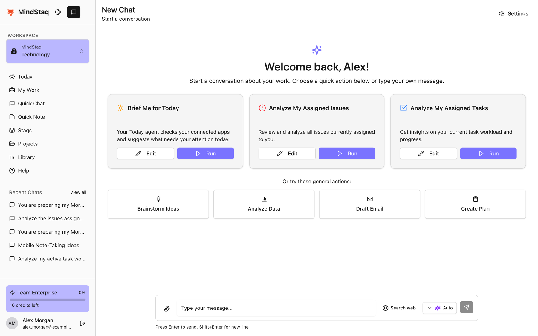 The Quick Chat screen with quick-action cards, and at the bottom the message box with the attach, Search web and tier controls