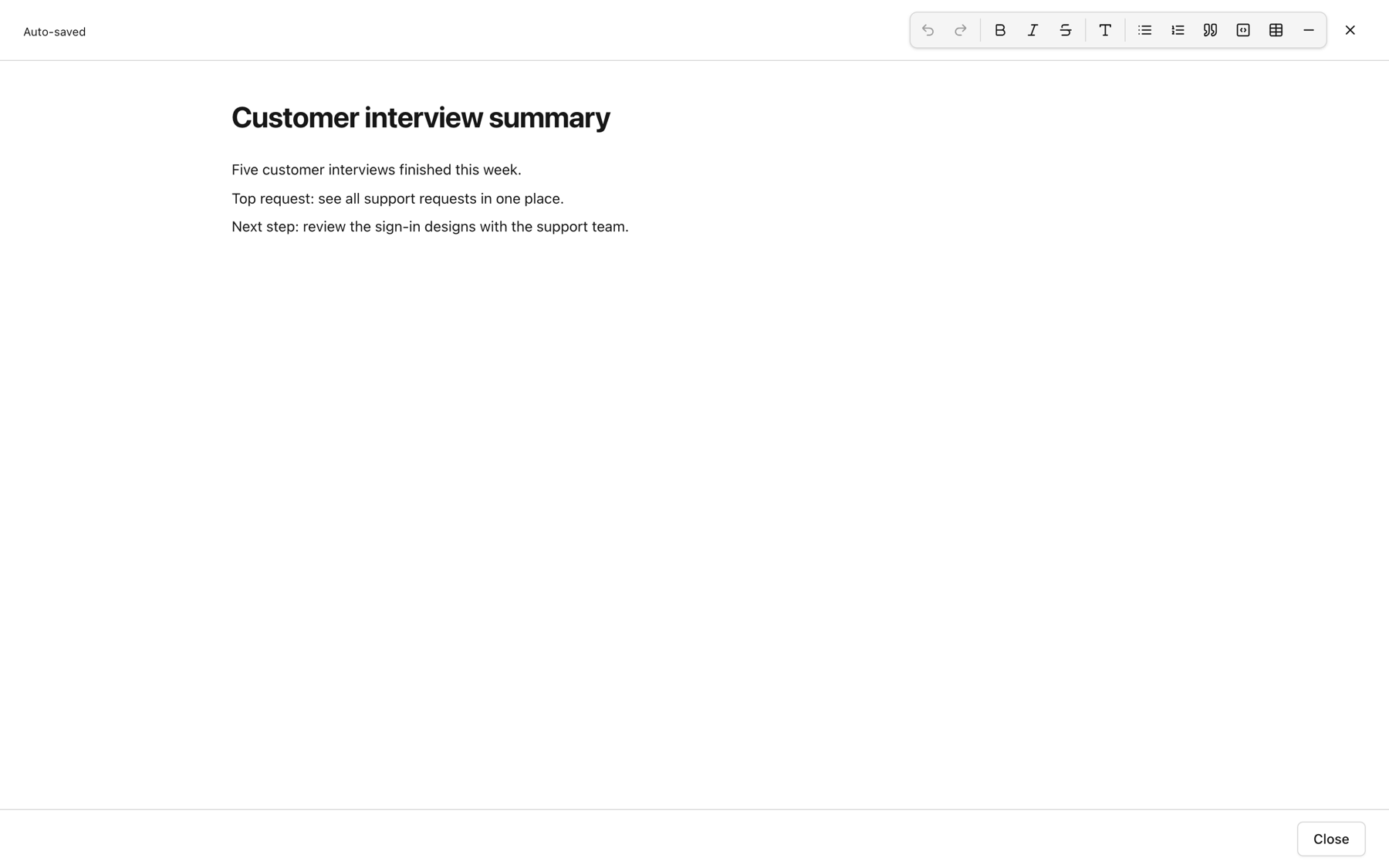 The Quick Note editor with a title and three lines of text, and an Auto-saved label at the top