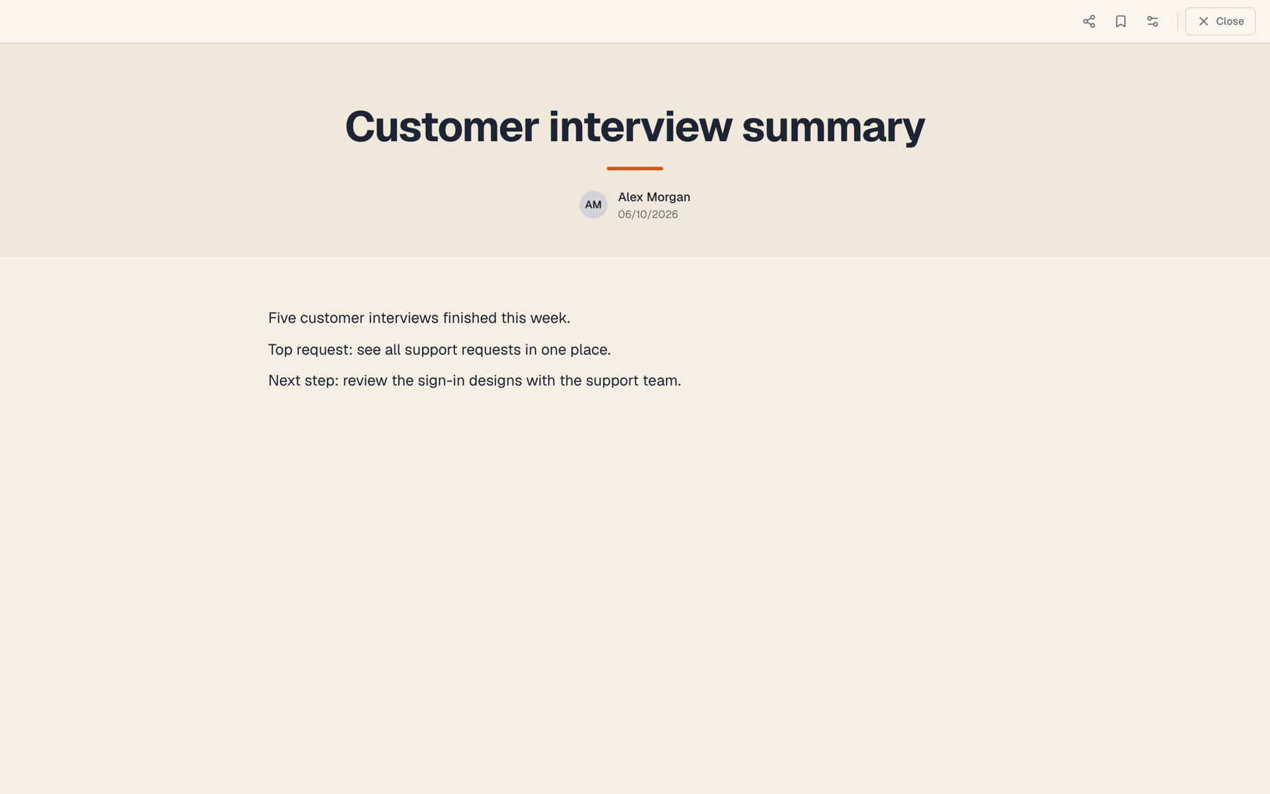 A note open in Reader with its title, author and date, and the text below