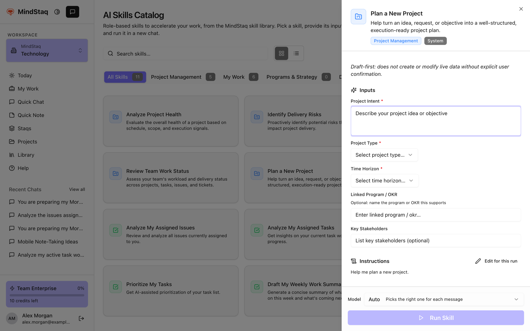 A skill panel open on the right with Inputs, Instructions, a Model picker, and the Run Skill button