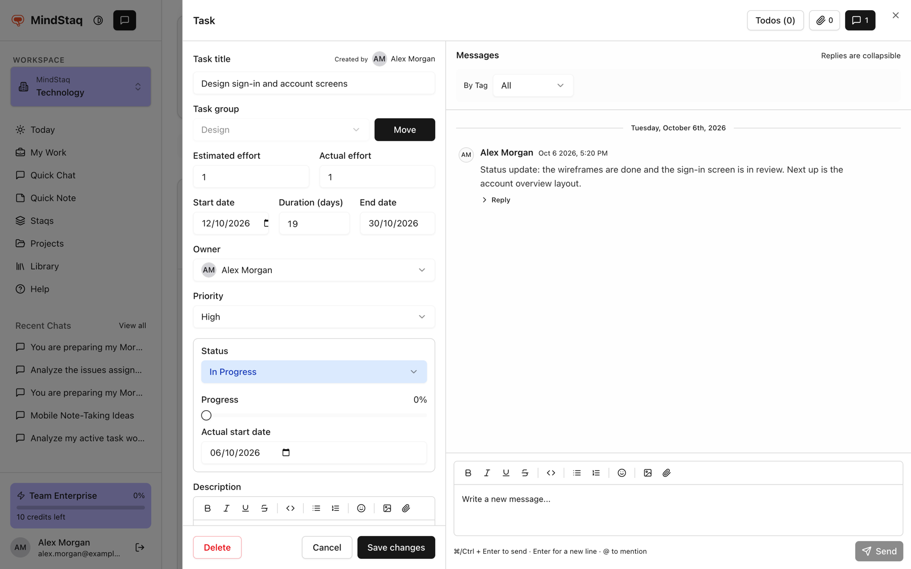 A task open with its Messages panel on the right, showing a status update message with a Reply link and a box to write a new message