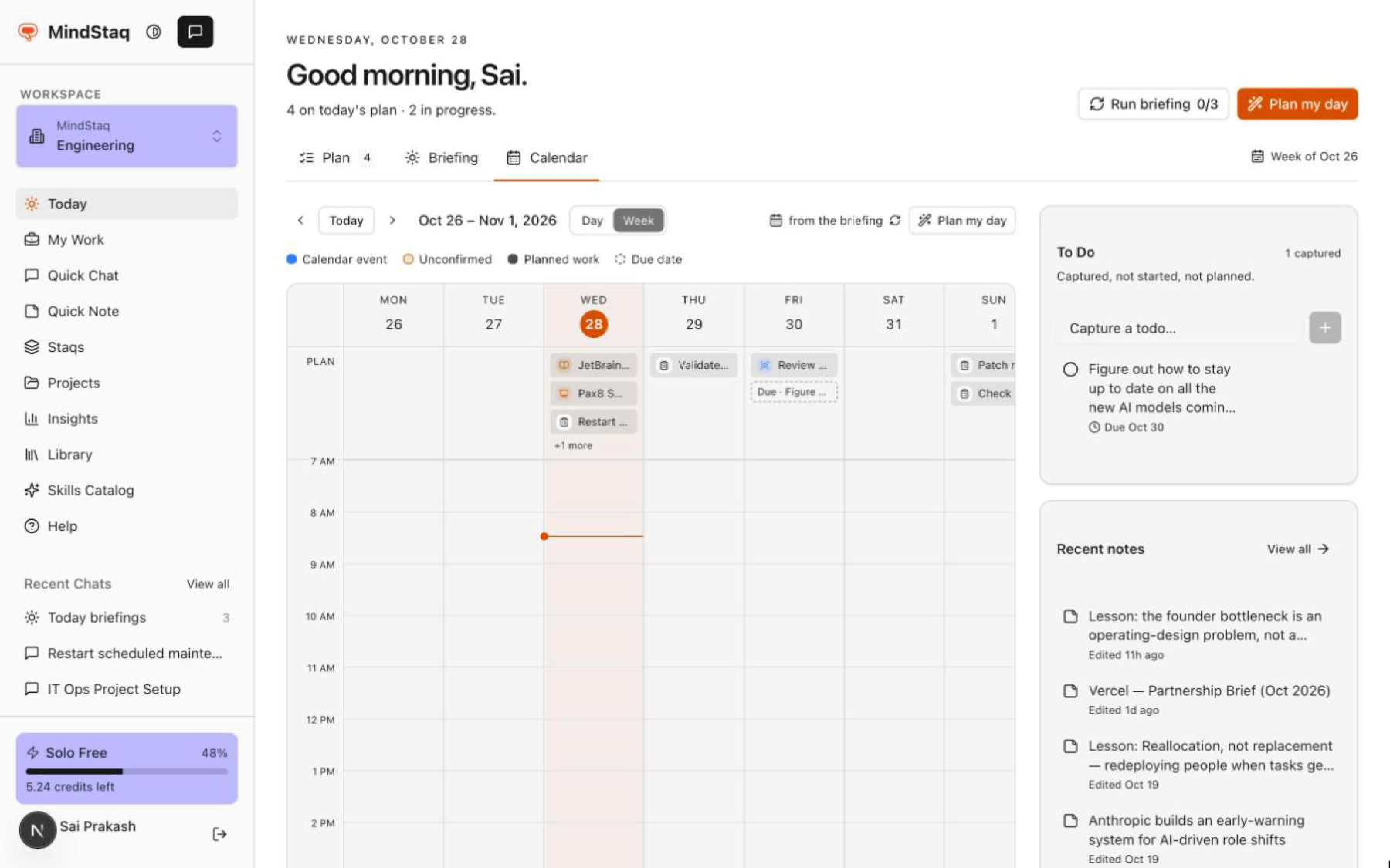 The Calendar tab in Week view, with the legend, planned work and a due date in the Plan lane above the time grid, and from the briefing shown at the top because no calendar is connected