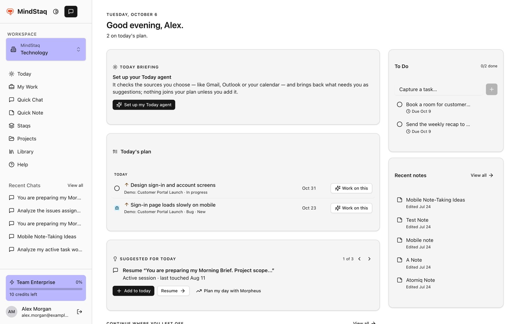 The Today page in MindStaq, with the sidebar listing Today, My Work, Quick Chat, Quick Note, Staqs, Projects, Library and Help
